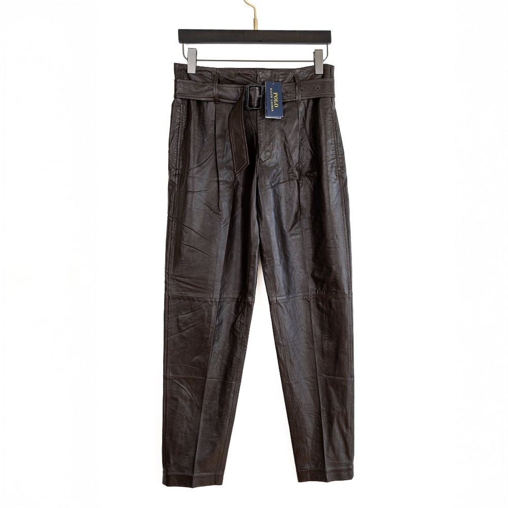 NWT Polo Ralph Lauren Lambskin High-Rise Belted Pants Dark Brown $998 Size 12
